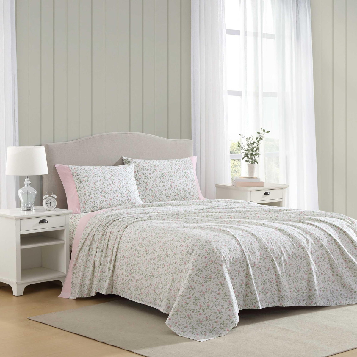 Laura Ashley クイーンサイズ シーツセット 花柄 ピンク ベージュ コットン100% ベッドカバー 枕カバー付き
