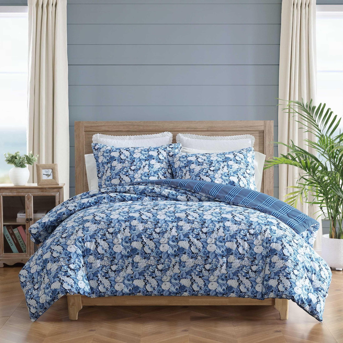 Laura Ashley クイーンサイズ コンフォーターセット 花柄 ブルー リバーシブル 布団カバー 寝具