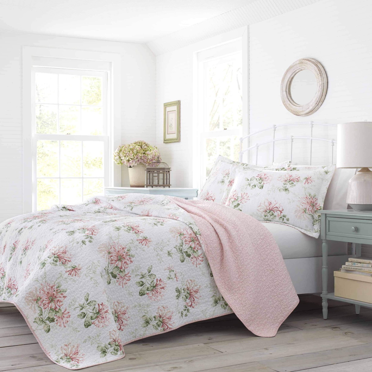 Laura Ashley クイーンサイズ ベッドキルトセット 3点セット 花柄 リバーシブル 綿100% 掛け布団 カバー