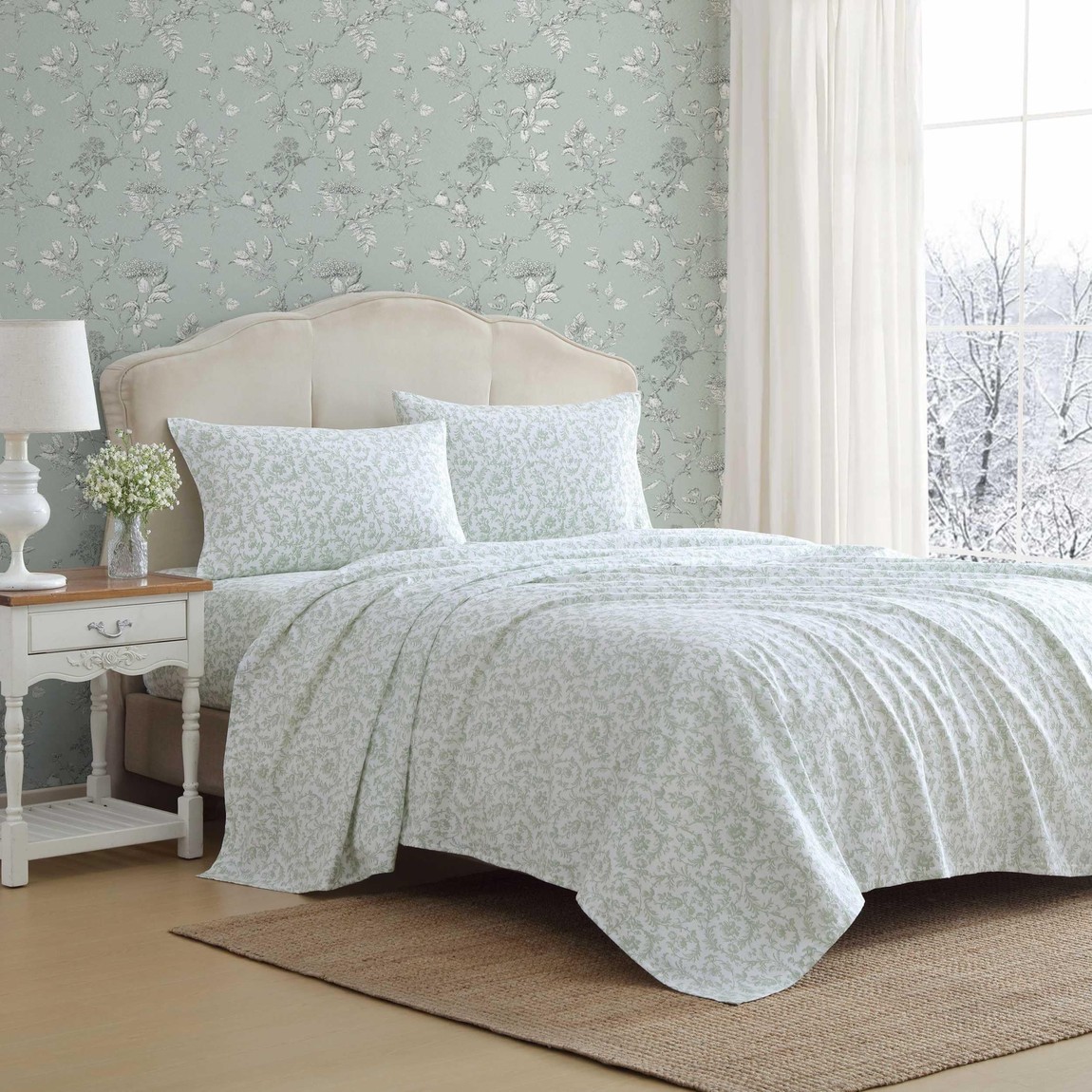 Laura Ashley 綿ネル敷き布 4点書き割り 花柄 ボタニカル柄 綿100% 布団取りまかなう 枕取りまかなう 緑であること