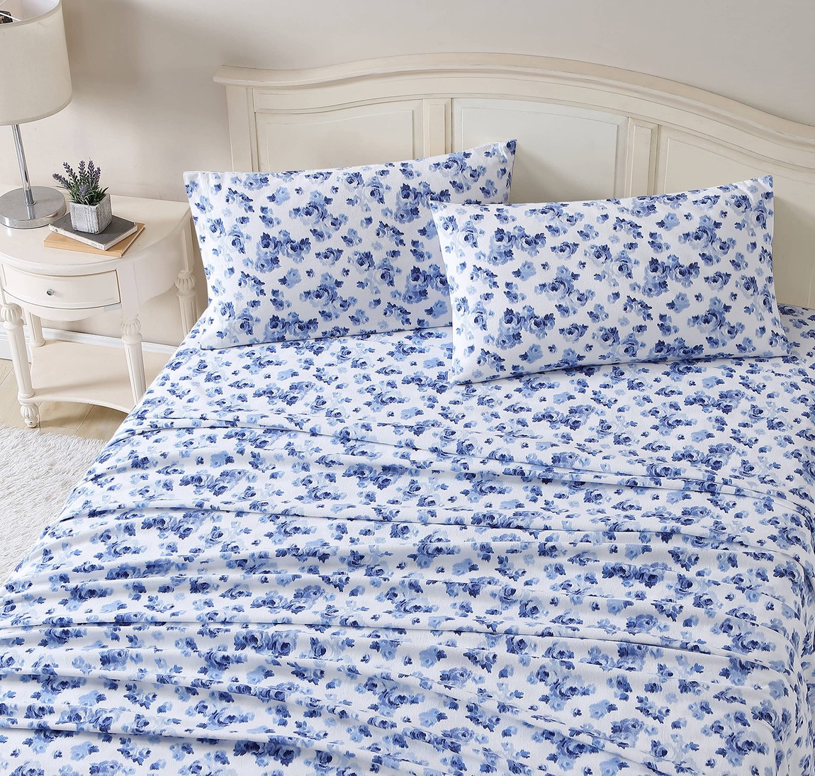 Laura Ashley 綿ネル 敷き妙仕掛ける 青色 花柄 綿100% 枕押しかぶせる付き添い人