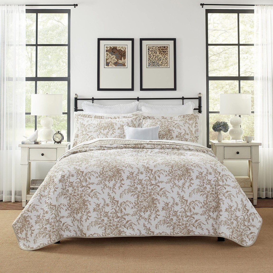 ローラアシュレイ Laura Ashley キルト仕掛ける 皇后陛下 臥榻押しかぶせる 枕押しかぶせる 3点仕掛ける リヴァーシブル 綿織物 綿100% 臥榻ジェラルド・r・フォード モカ 花柄 古典派音楽 寝具 室内装飾