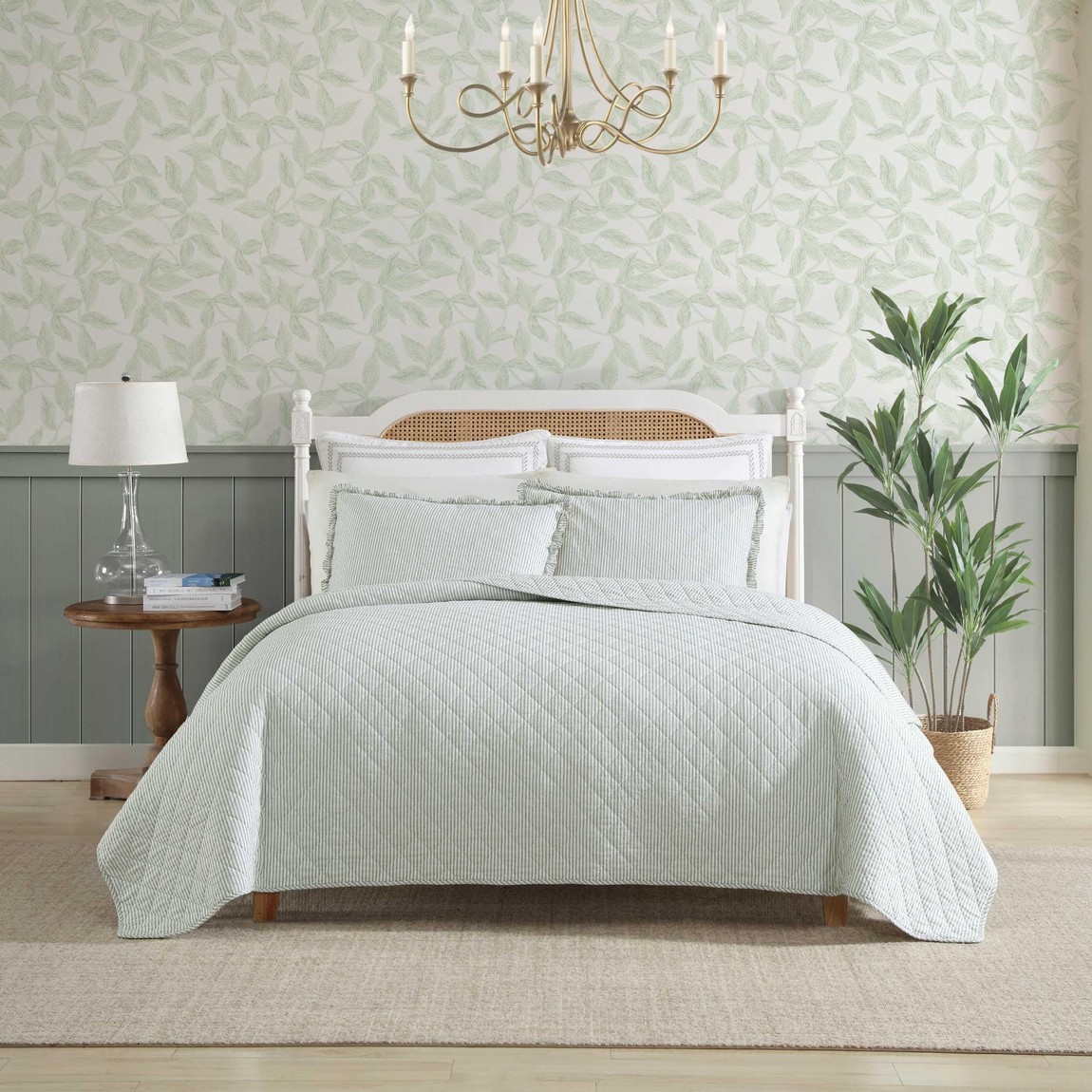 Laura Ashley キルト書き割り ベッドスプレッド オックスフォード縞模様 緑であること 臥榻取りまかなう 寝具