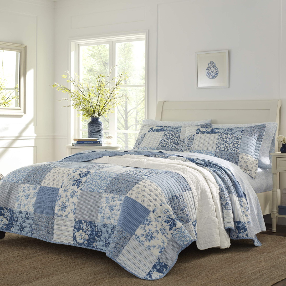 Laura Ashley シングルサイズ キルトセット ペイズリー パッチワーク ブルー 綿100% ベッドカバー 枕カバー付き