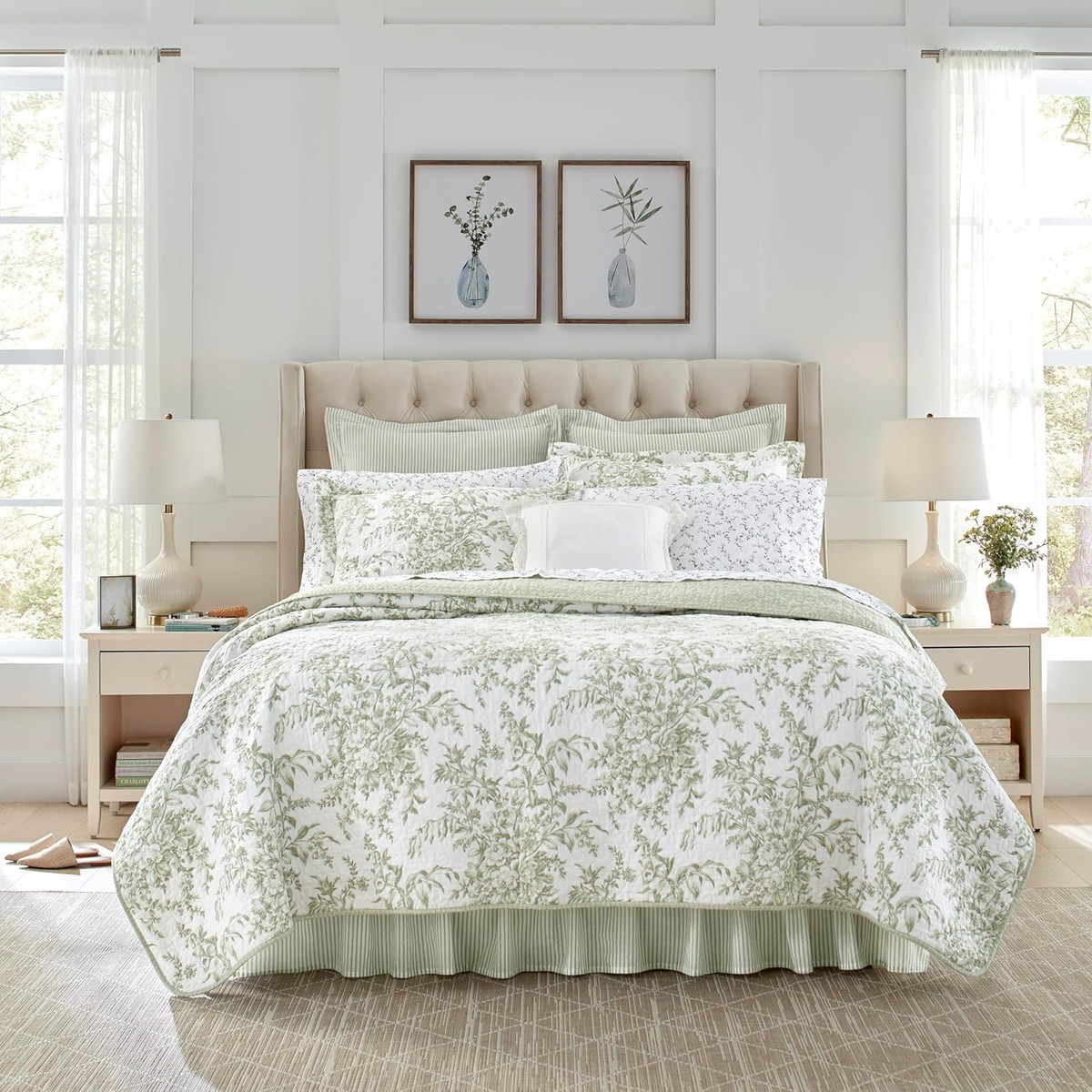 Laura Ashley シングルサイズ キルトセット ベッドカバー 枕カバー付き グリーン ホワイト 花柄 リバーシブル