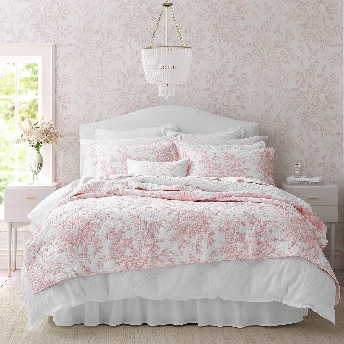 Laura Ashley クイーンサイズ キルトセット Bedford Pink ベッドカバー ピローケース 3点セット 綿100% 花柄 寝具