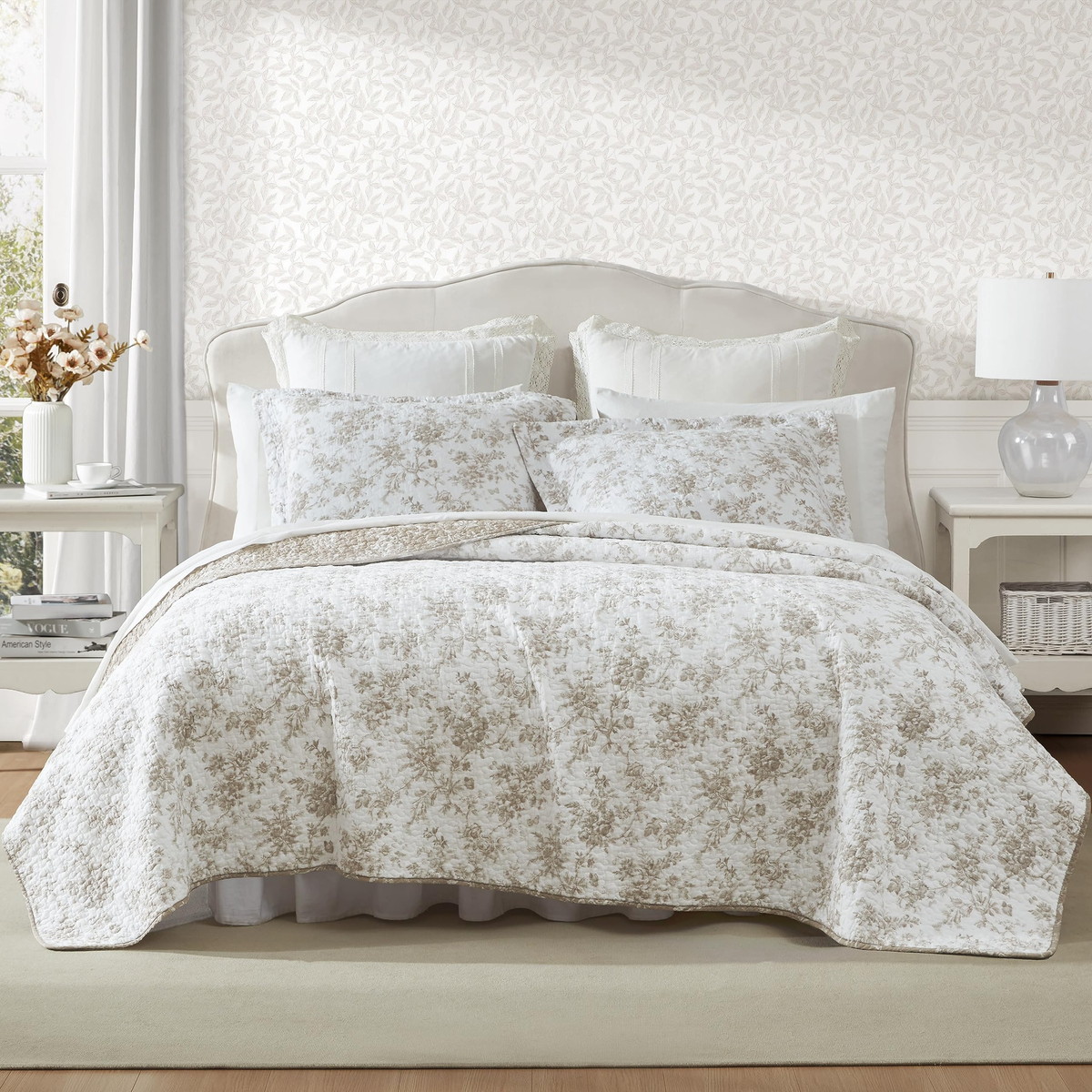 Laura Ashley シングルサイズ キルトセット ベッドスプレッド 花柄 リバーシブル ブラウン