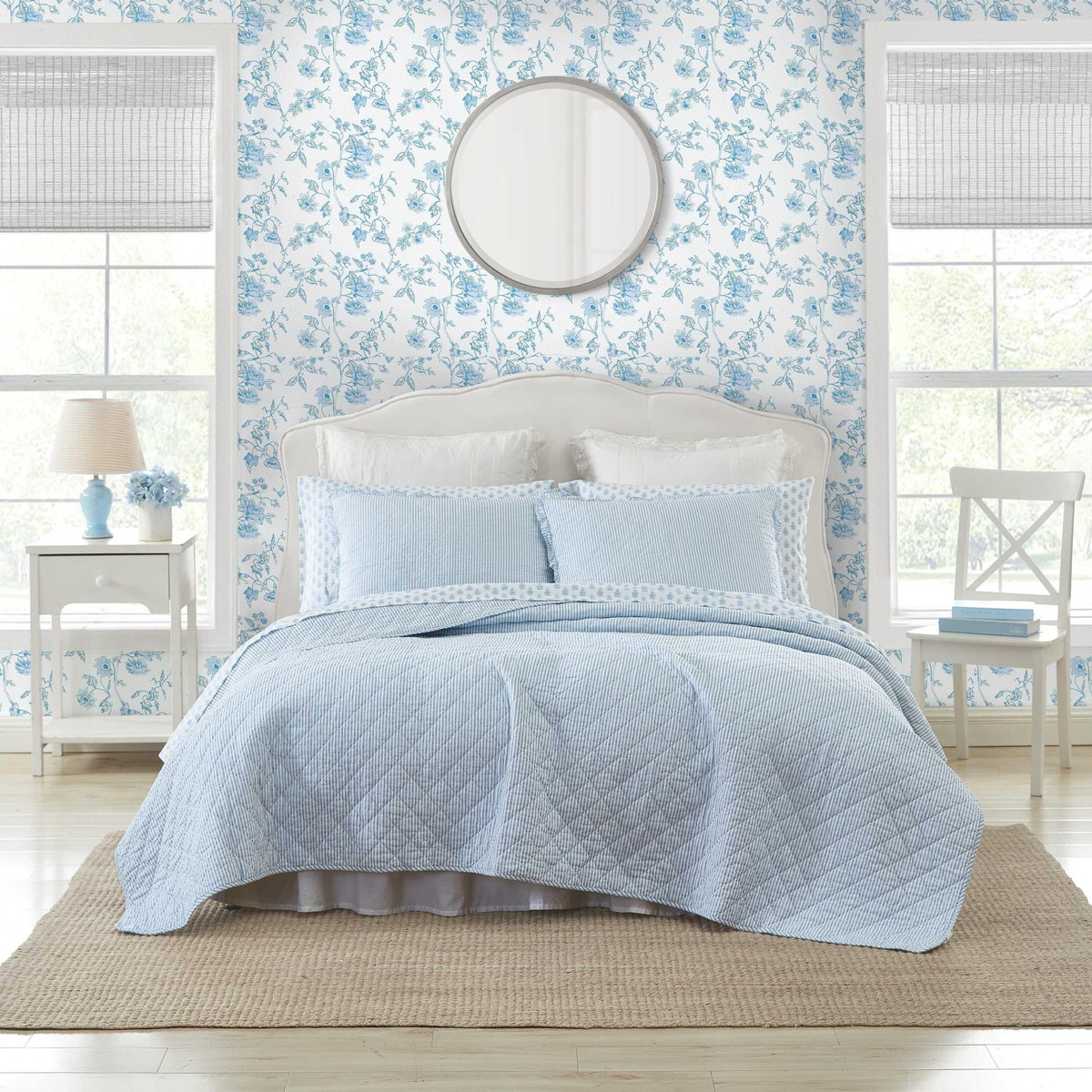 Laura Ashley シングルサイズ キルトセット ベッドスプレッド オックスフォードストライプ ブルー 寝具カバー