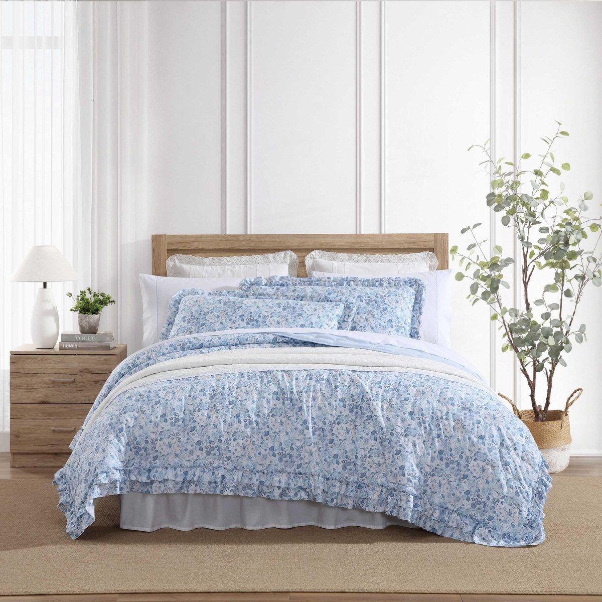 Laura Ashley シングルサイズ キルトセット ブルー 花柄 ラッ フリル付き 寝具 ベッドカバー 掛け布団 枕カバー