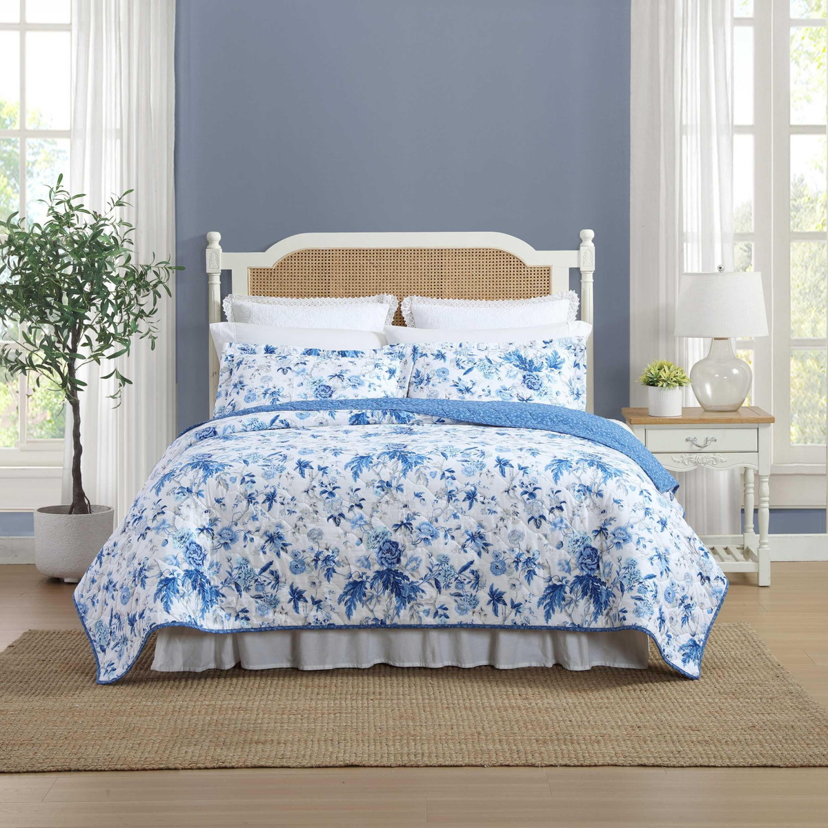 Laura Ashley キングサイズ キルトセット リバーシブル コットン ベッドカバー 花柄 ブルー