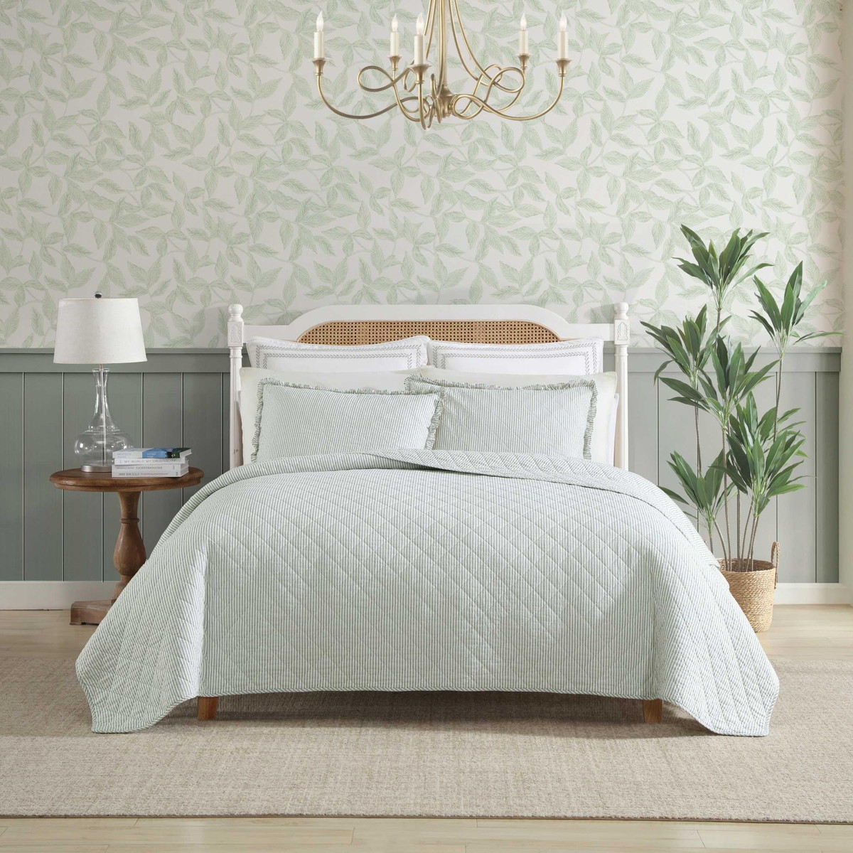 Laura Ashley セミダブル/クイーン兼用 キルトセット ベッドスプレッド オックスフォードストライプ グリーン 寝具セット