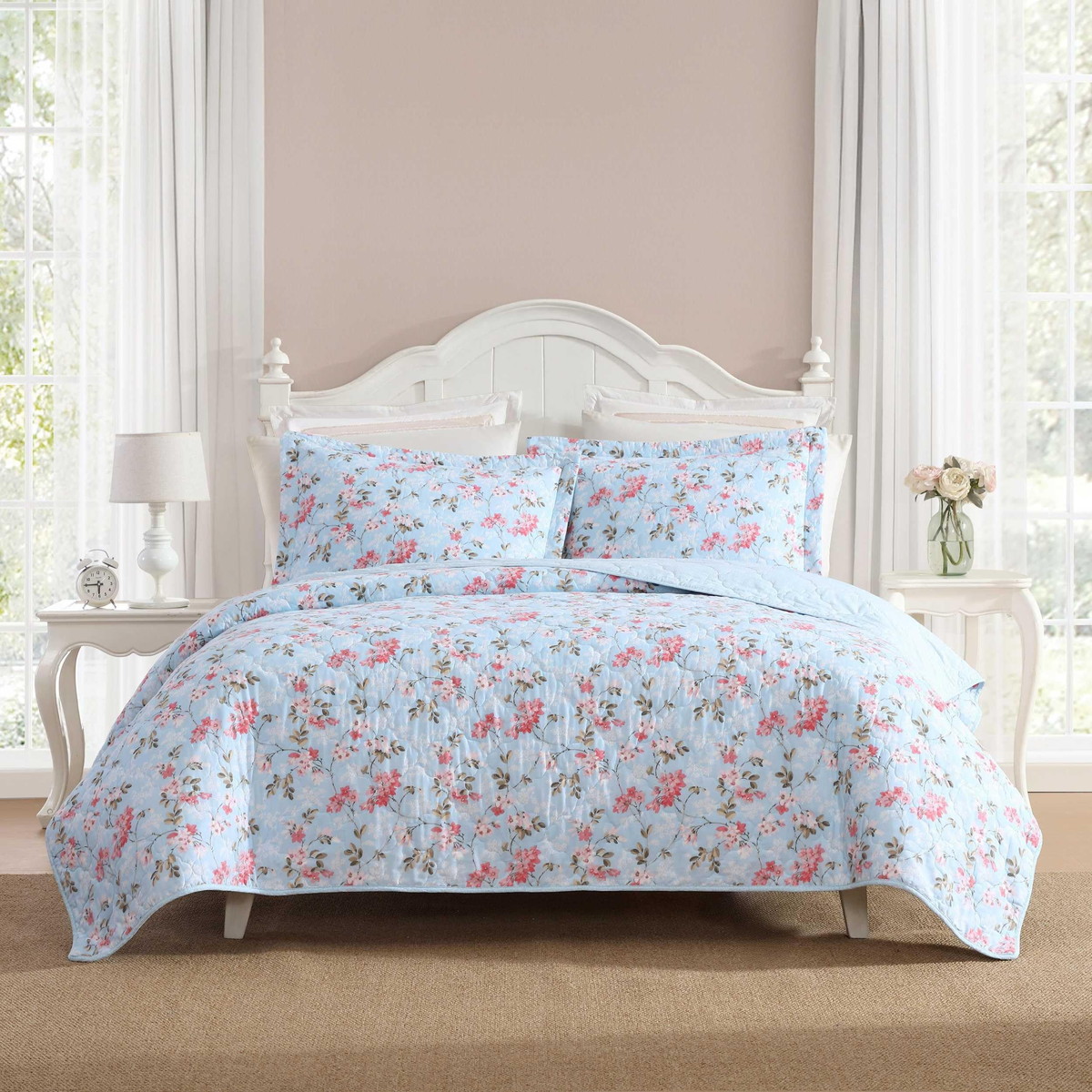 Laura Ashley シングルサイズ キルトセット ベッドカバー ピローケース付き 花柄 ブルー 綿100% 寝具