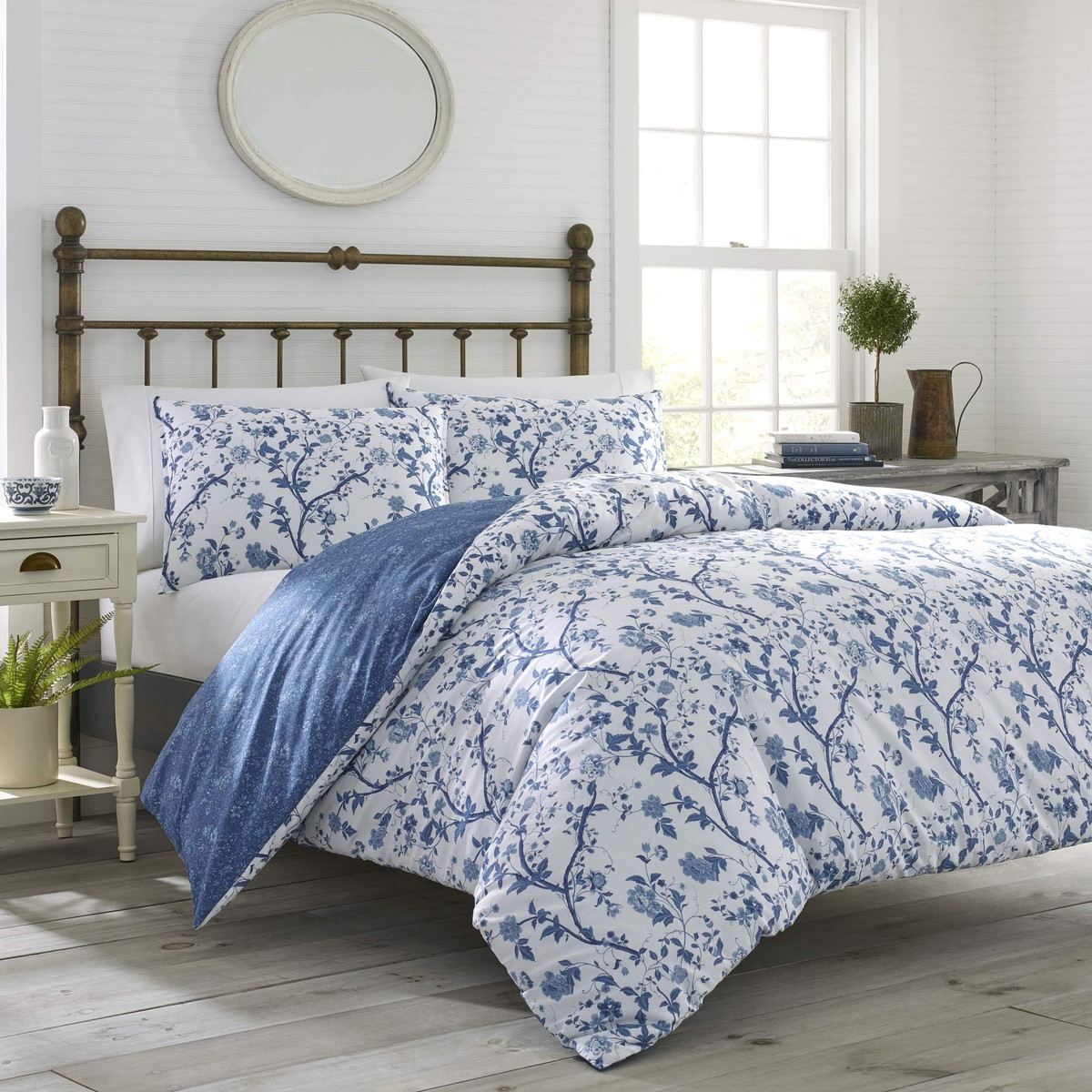 Laura Ashley Home キングサイズ 布団カバーセット リバーシブル 花柄 ブルー ホワイト コットン 寝具