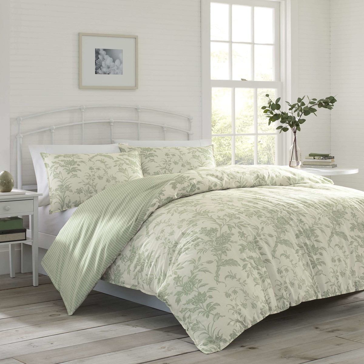 Laura Ashley Home キングサイズ 掛け布団カバーセット リバーシブル 綿100% 花柄 セージグリーン
