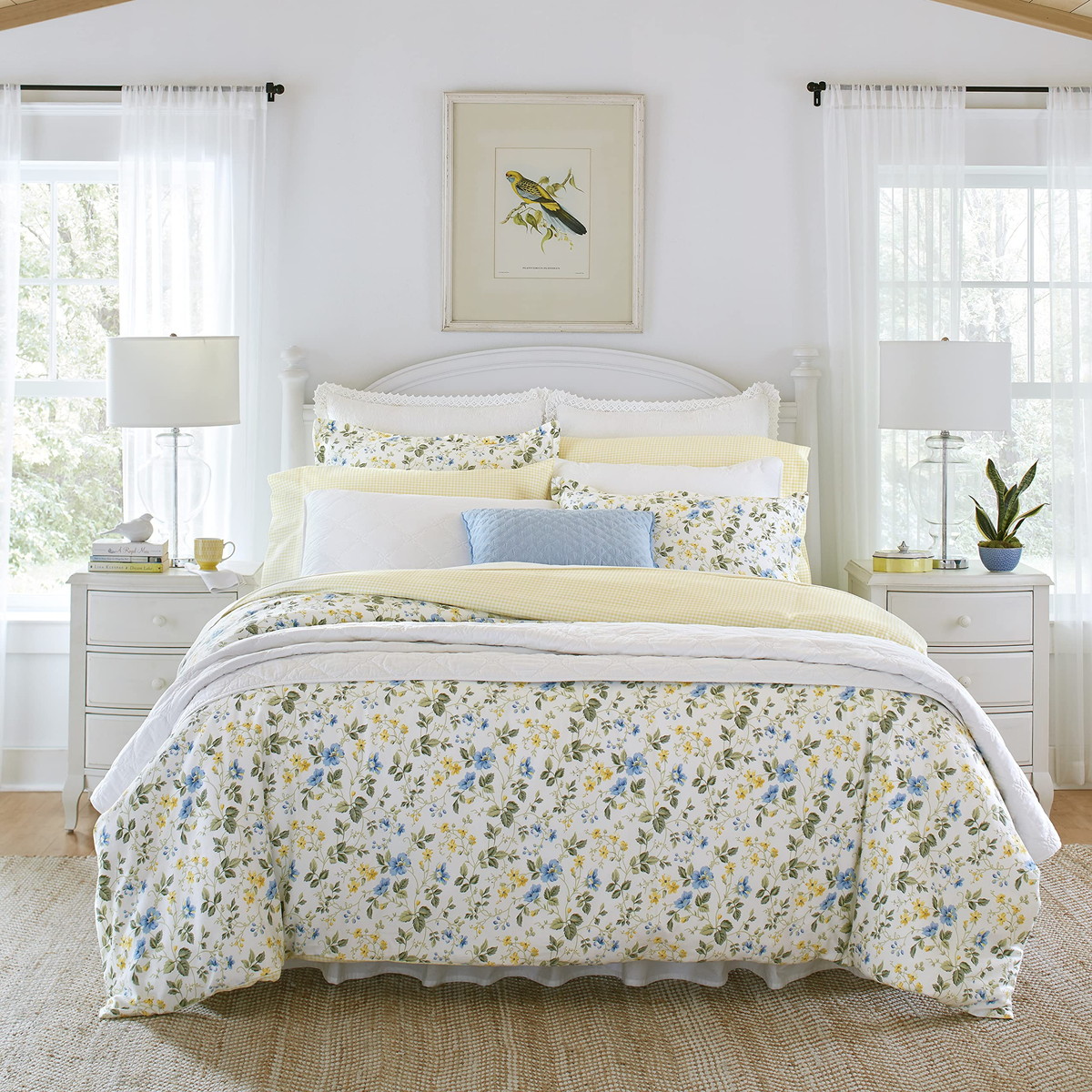 Laura Ashley キングサイズ 掛け布団カバーセット Meadow Floral ブルー 花柄 リバーシブル 綿100% 枕カバー付き 寝具