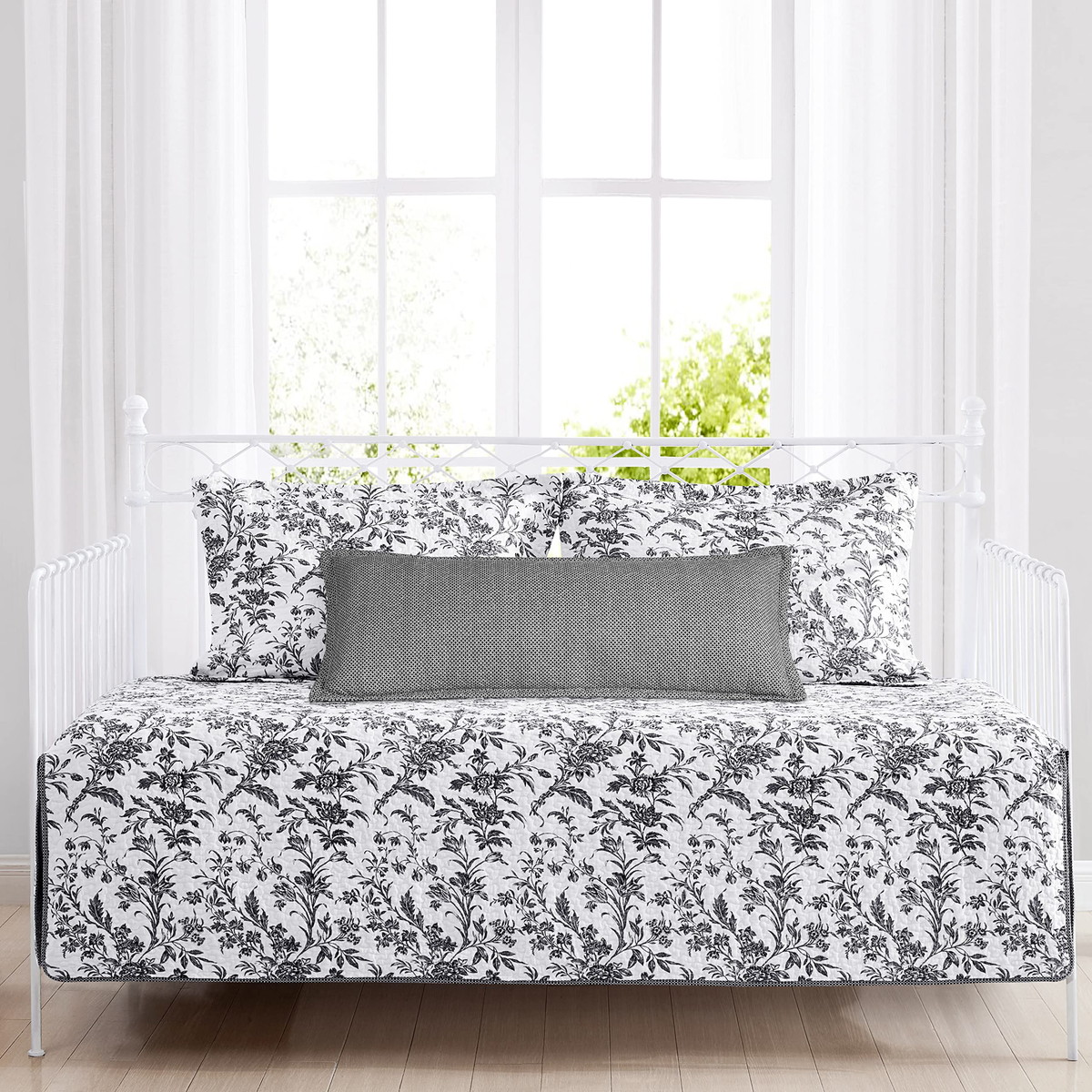 Laura Ashley Home デイベッドセット 花柄 キルトカバー シャム枕カバー ボルスタークッション ブラック ホワイト