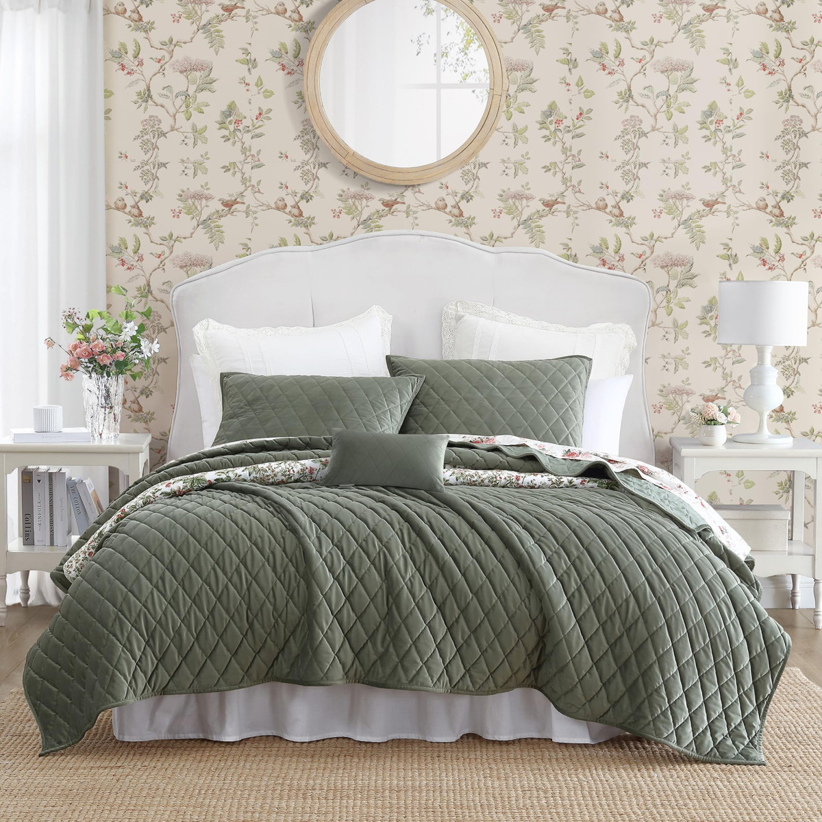 Laura Ashley シングルサイズ キルトセット ベッドスプレッド 3点セット ダークグリーン ベルベット調 ダイヤモンドステッチ