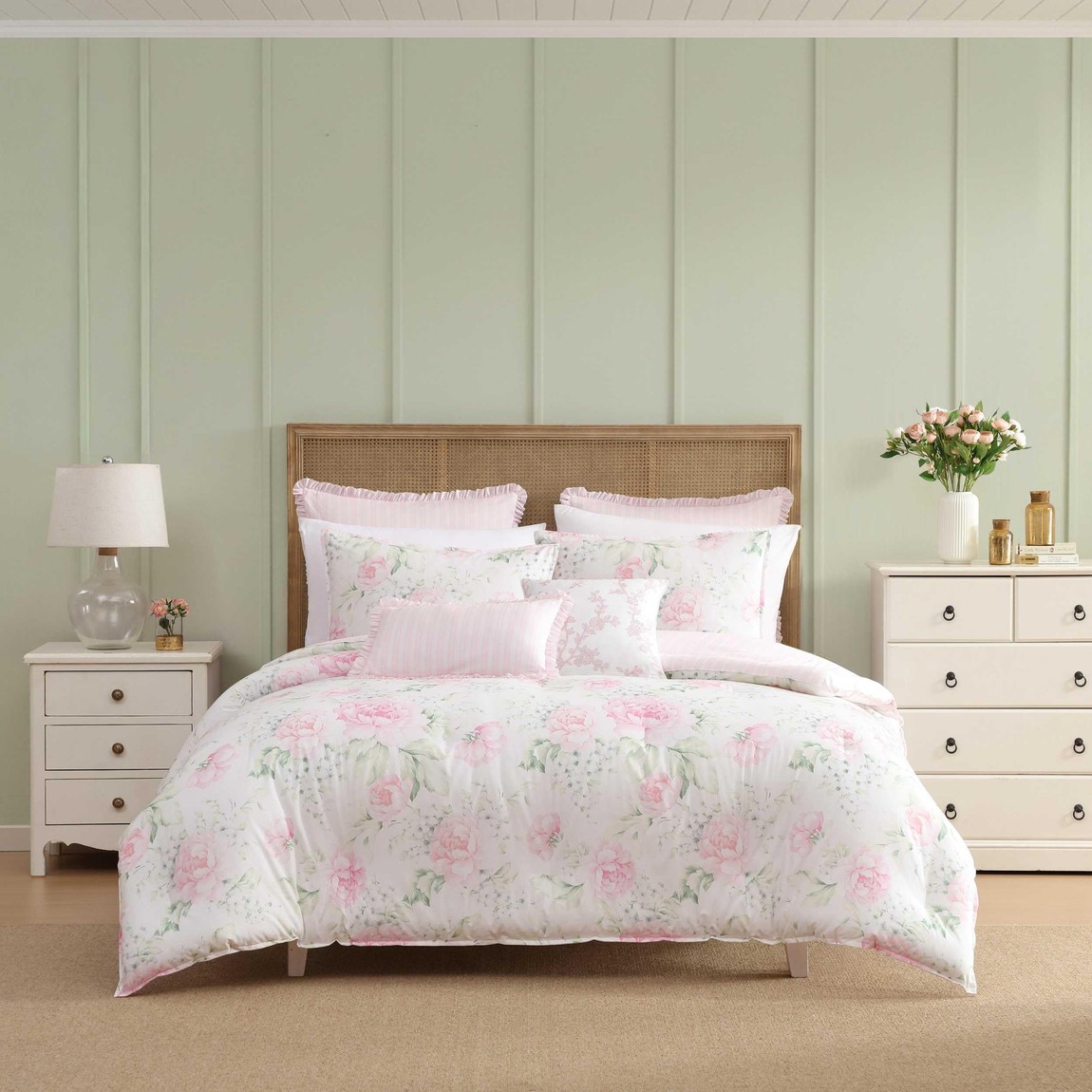 Laura Ashley コンフォーターセット 7点書き割り 花柄 縞模様 リヴァーシブル 布団取りまかなう 寝具 さくら色