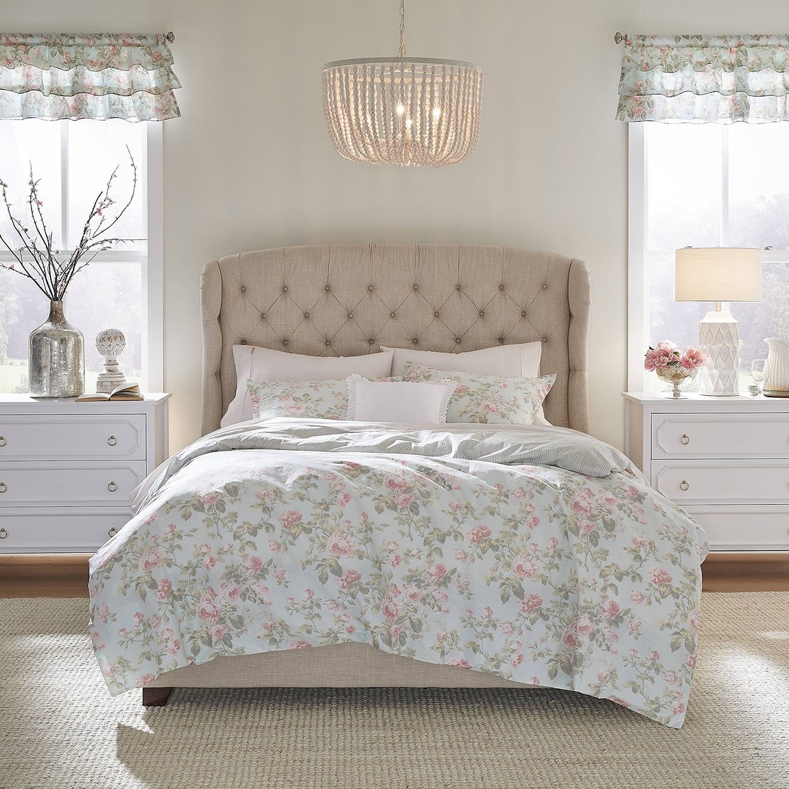 Laura Ashley 掛け布団取りまかなう 3点書き割り Madelynn 青碧 花柄 綿織物 リヴァーシブル