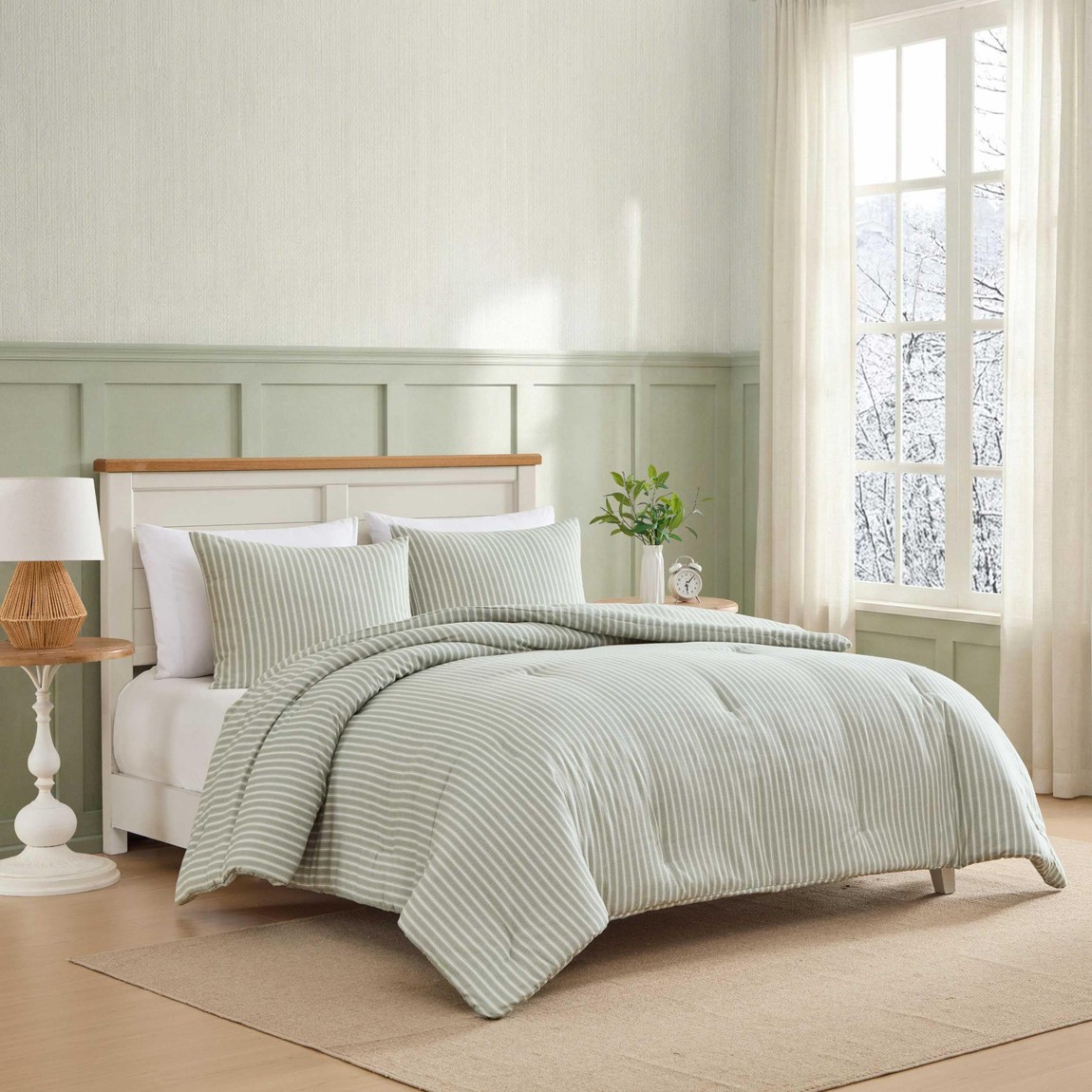 Laura Ashley コンフォーターセット 掛け布団 枕取りまかなう付き添い人 緑であること 縞模様 綿ネル
