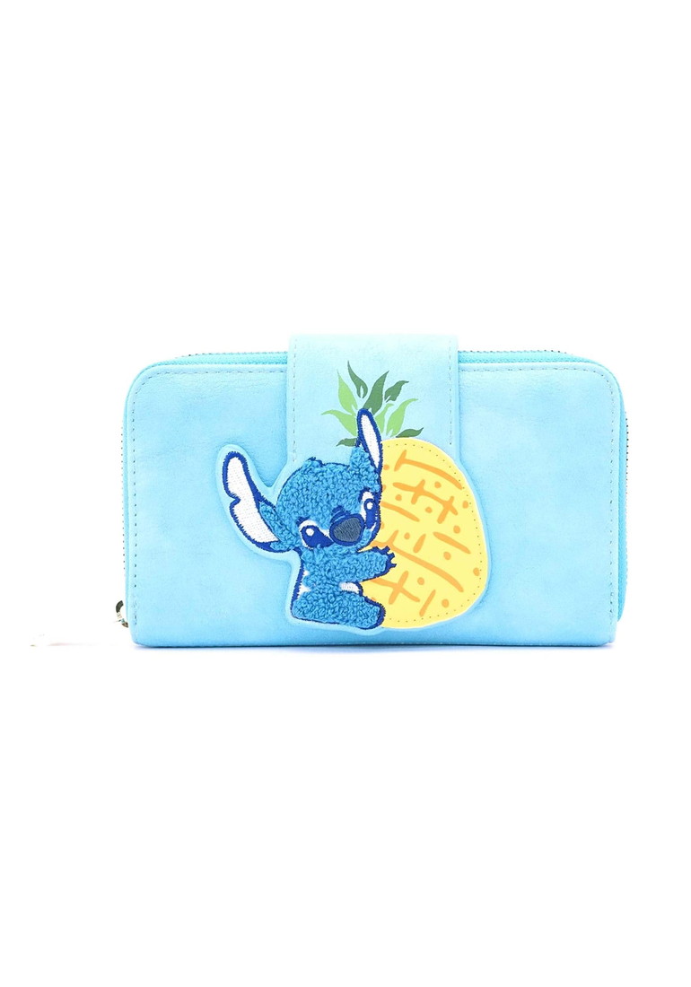 Loungeflyラウンジフライ リロ＆スティッチ パイナップル スティッチ レディース 財布 二つ折り財布 ディズニー キャラクター ブルー チェニール 刺繍