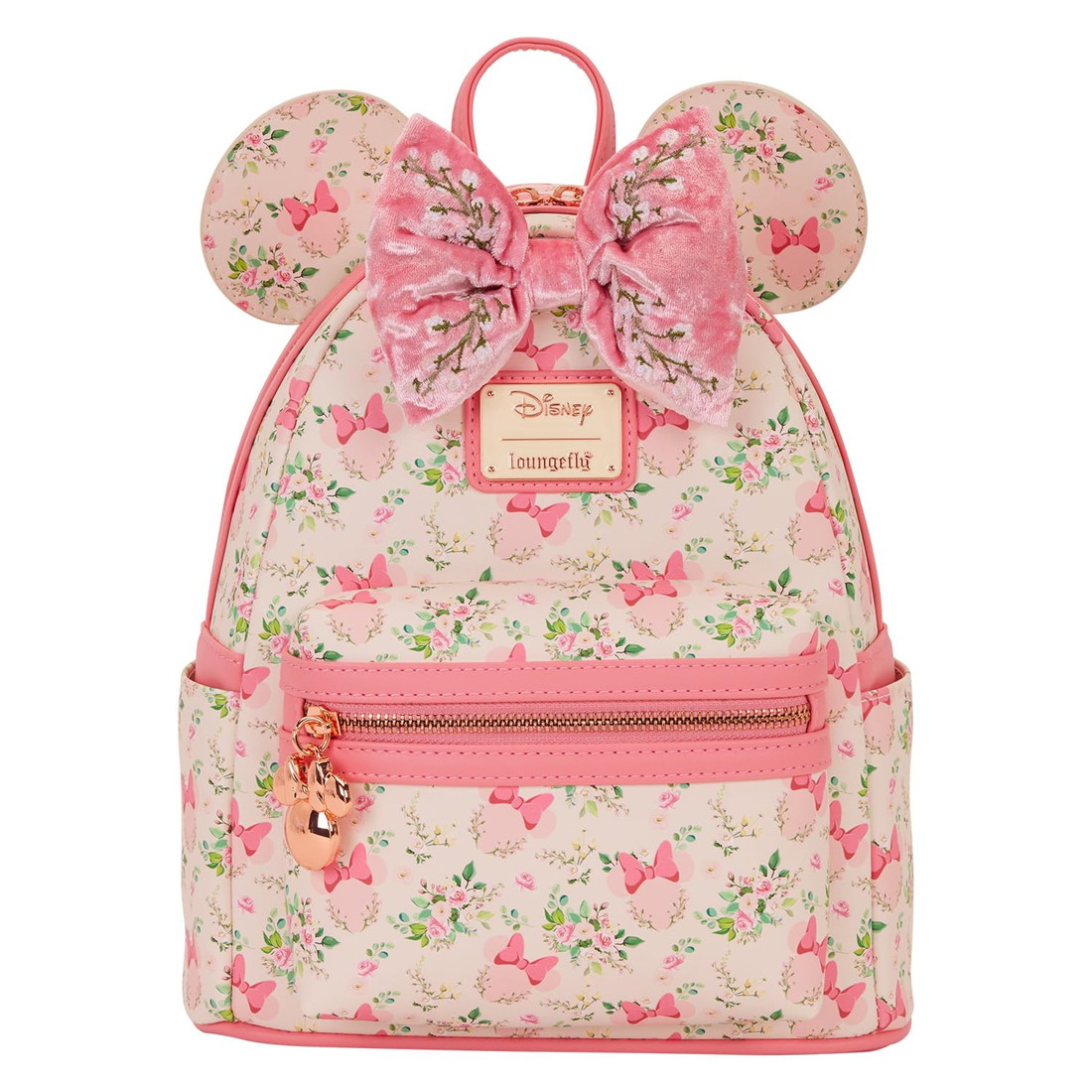 Loungeflyラウンジフライ ミニーマウス フローラル レディース ミニバックパック リュック サック ディズニー 花柄 3D耳 ベルベットリボン ピンク
