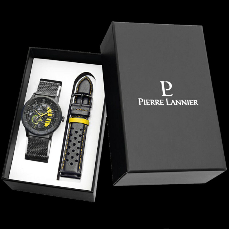 Pierre Lannier Paddock 自動小銃一巻き ウオッチ メンズ スケルトン 黒いこと 黄色