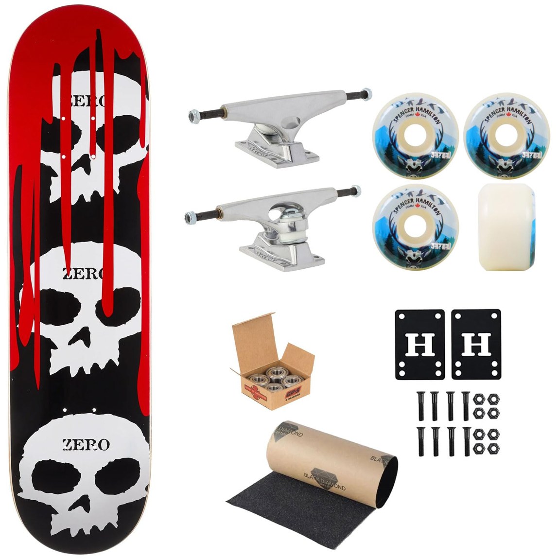 Zero 3 Skulls スケートボード コンプリート 8.62インチ Krux Trucks Satori Wheels Independent Bearings|Basqueバスク