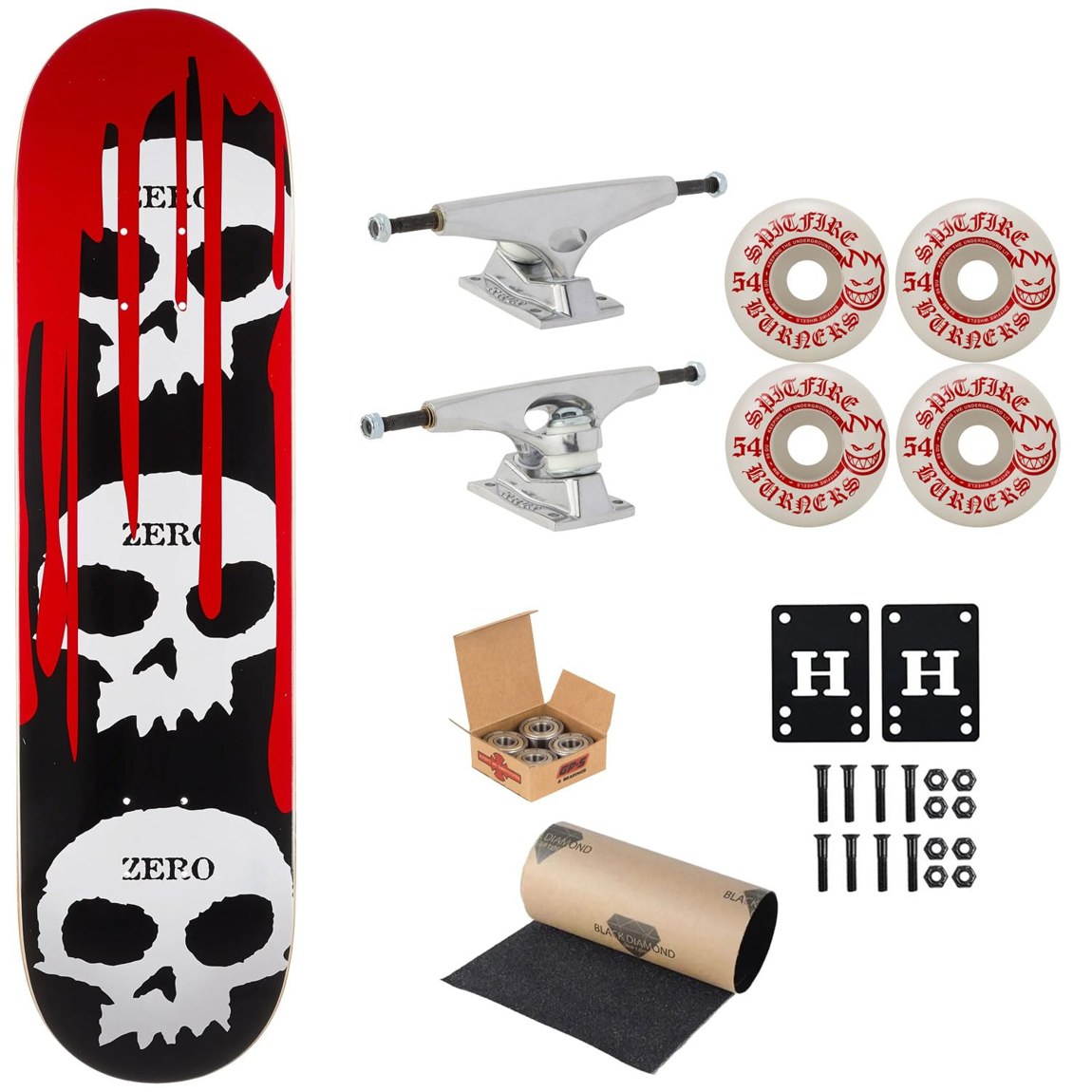 Zero 3 Skulls スケートボード コンプリート 8.62インチ Kruxトラック Spitfireウィール Independentベアリング|Basqueバスク