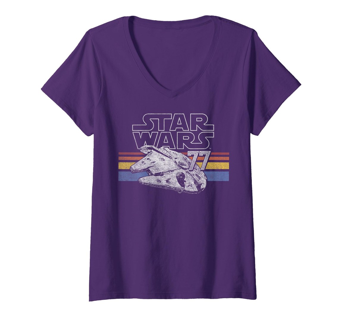 スターウォーズ Star Wars ミレニアム・ファルコン Millennium Falcon レトロ ストライプ デザイン Vネック Tシャツ 半袖 レディース｜Basqueバスク