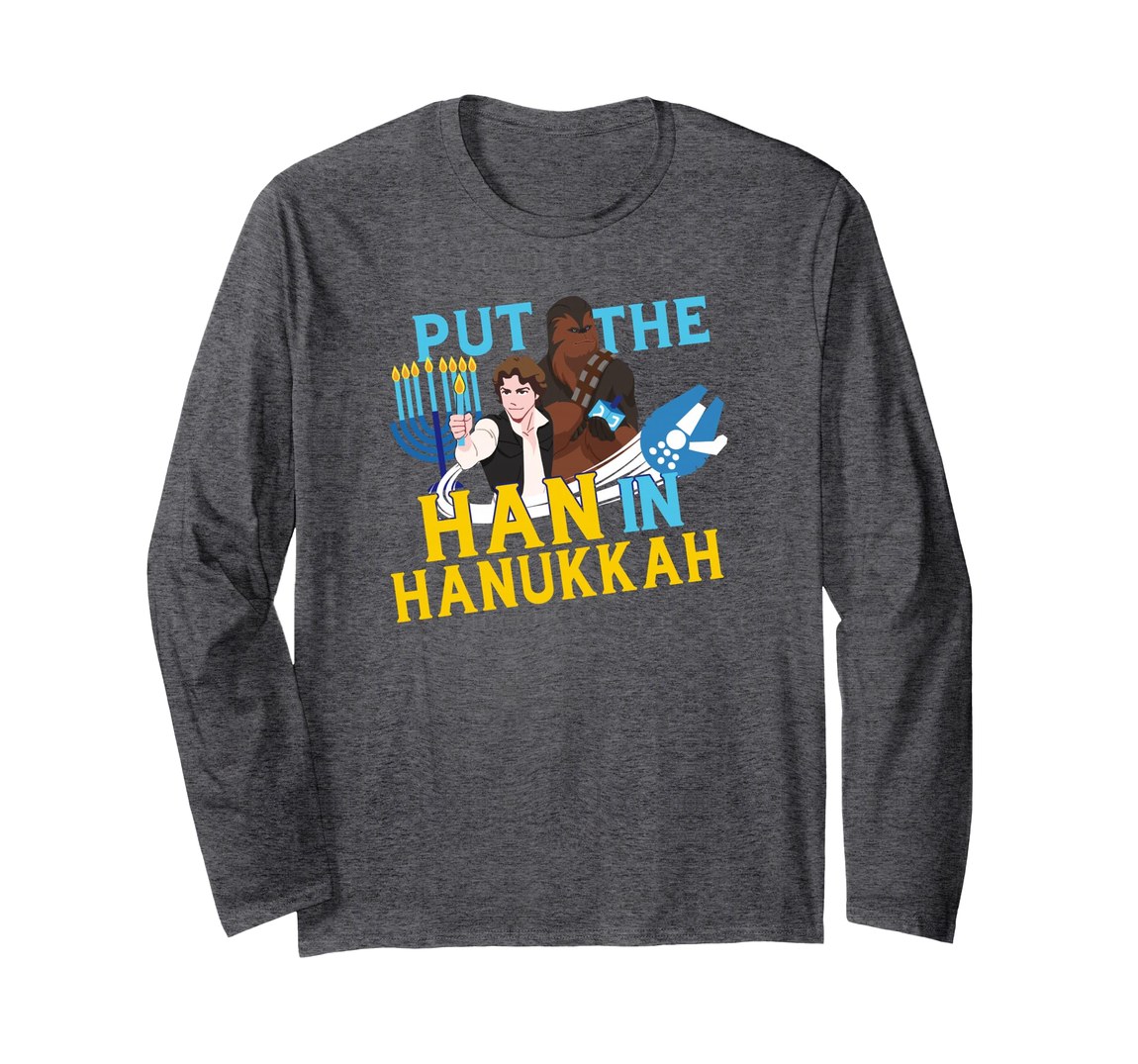 スターウォーズ ハン・ソロ Han Solo チューバッカ Chewbacca ハヌカ Put The Han In Hanukkah デザイン ロングTシャツ 長袖 ユニセックス|Basqueバスク
