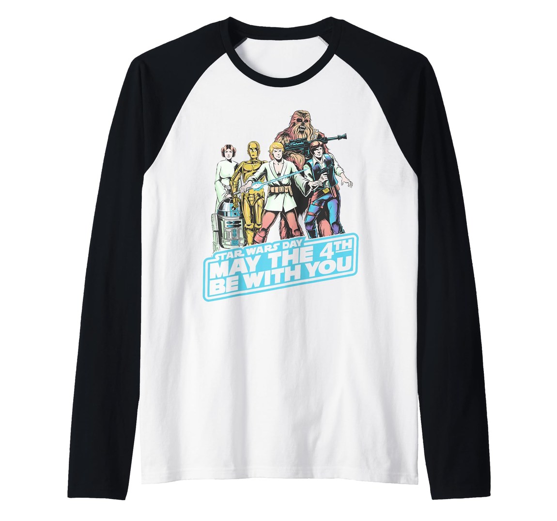 スターウォーズ Star Wars メイ・ザ・フォース May the 4th レトロポスター グループショット ダース・ベイダー ルーク ヨーダ レイア姫 ラグランTシャツ 長袖/七分袖｜Basqueバスク