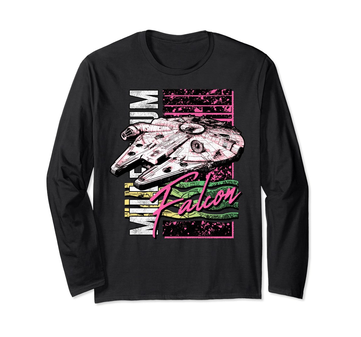 スターウォーズ ミレニアム・ファルコン Millennium Falcon ネオン ヴィンテージ デザイン ロングTシャツ 長袖 ユニセックス|Basqueバスク