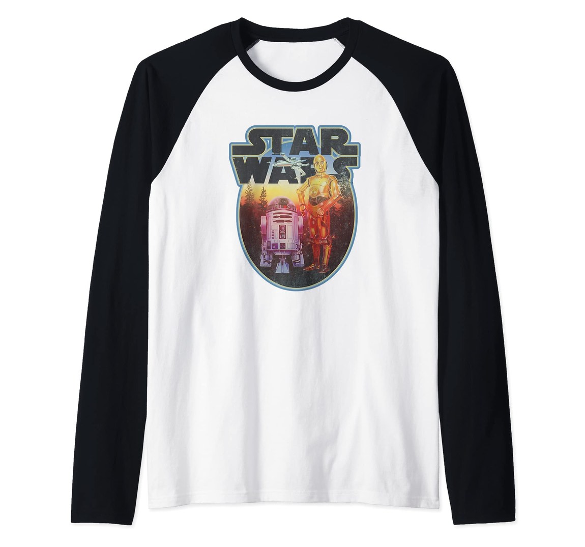 スターウォーズ Star Wars クラシック R2-D2 & C-3PO フォレスト背景 ヴィンテージデザイン ラグラン Tシャツ 半袖｜Basqueバスク