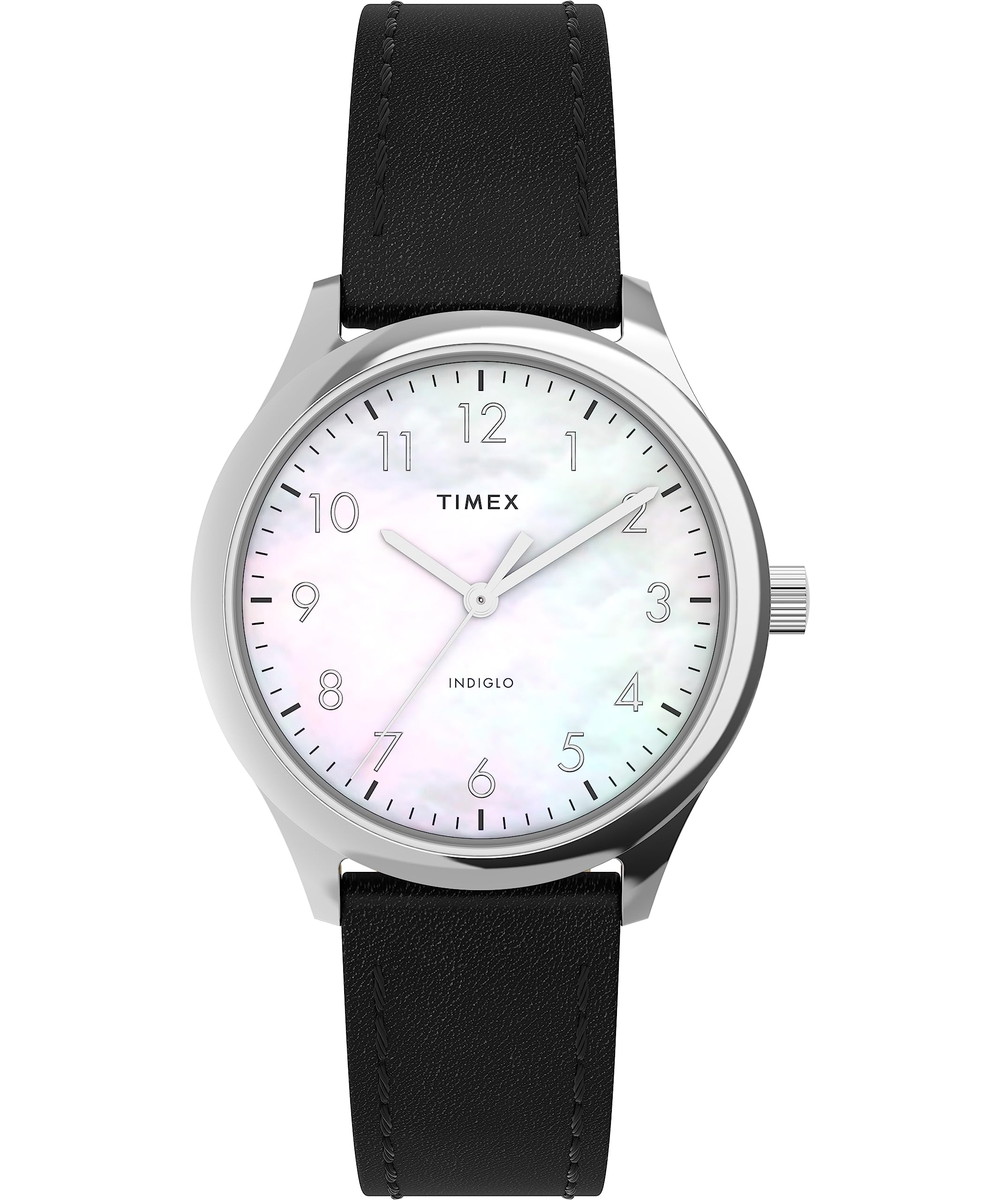 Timexタイメックス レディース モダン イージーリーダー 32mm ウォッチ ブラックストラップ マザーオブパール ダイヤル シルバートーン ケース 16,848円