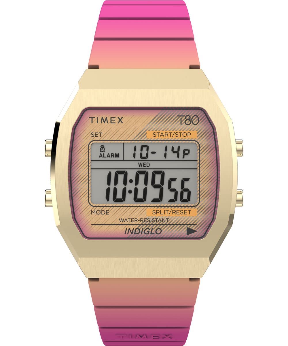 Timexタイメックス ユニセックス T80 スチール 36mm ウォッチ ピンク ストラップ デジタル ダイヤル ゴールドトーン ケース