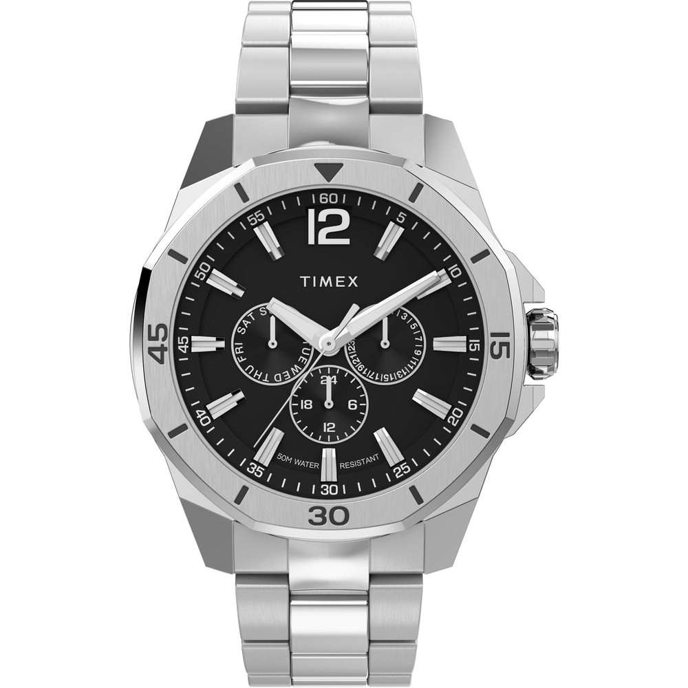 Timexタイメックス メンズ エセックス マルチファンクション 46mm ウォッチ ブラック リンク ブレスレット ブラック ダイアル シルバートーン ケース