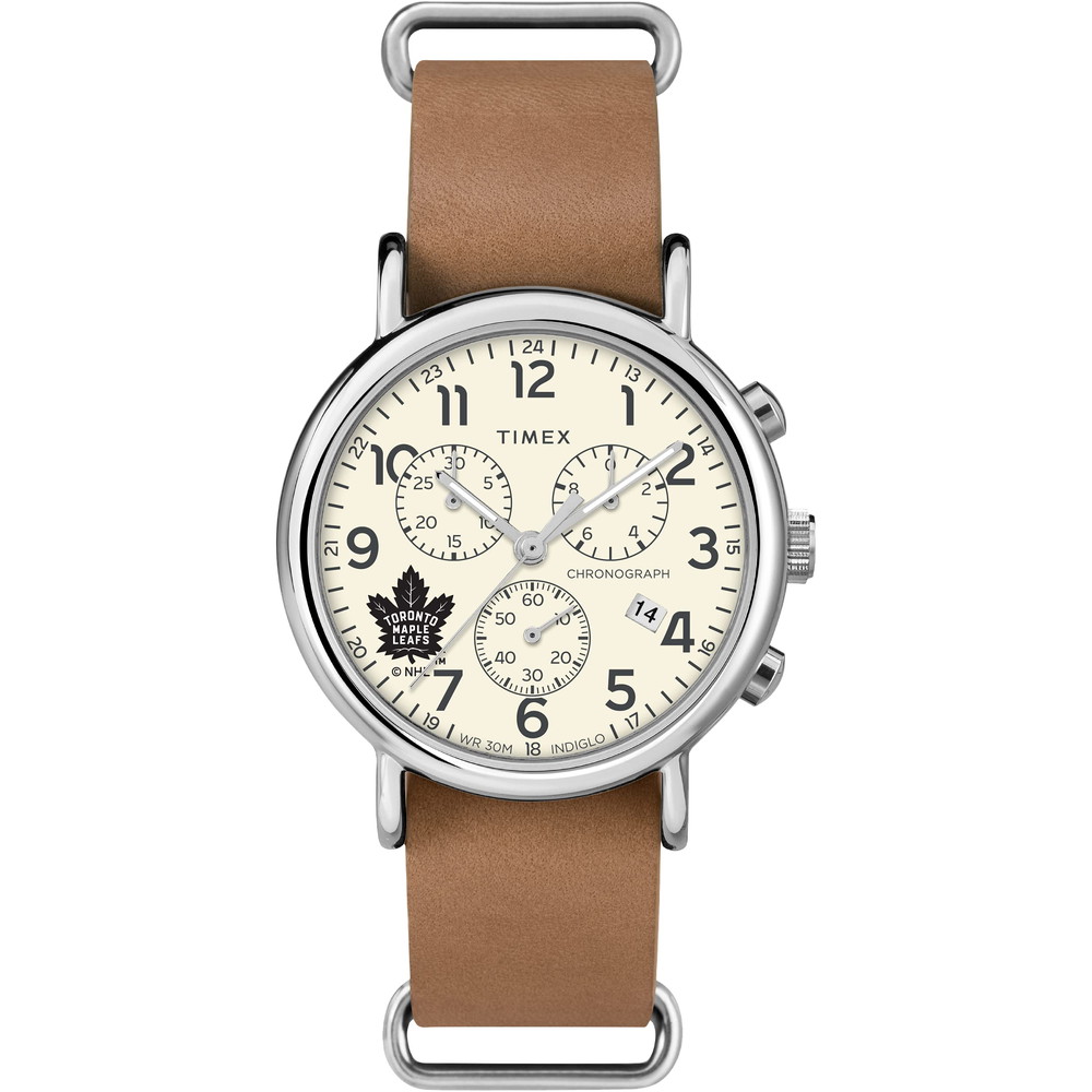Timexタイメックス メンズ NHL ウィークエンダー クロノ 40mm ウォッチ トロント メープル リーフス タン ジェニュイン レザー スリップスルー ストラップ