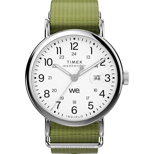 Timexタイメックス メンズ ウィークエンダー 40mm ウォッチ グリーン ストラップ ホワイト ダイアル シルバートーン ケース