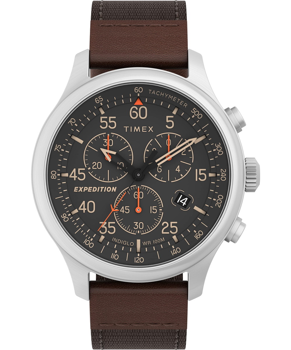 Timexタイメックス メンズ エクスペディション フィールド クロノ 43mm ウォッチ ブラウン ストラップ ブラック ダイアル シルバートーン ケース