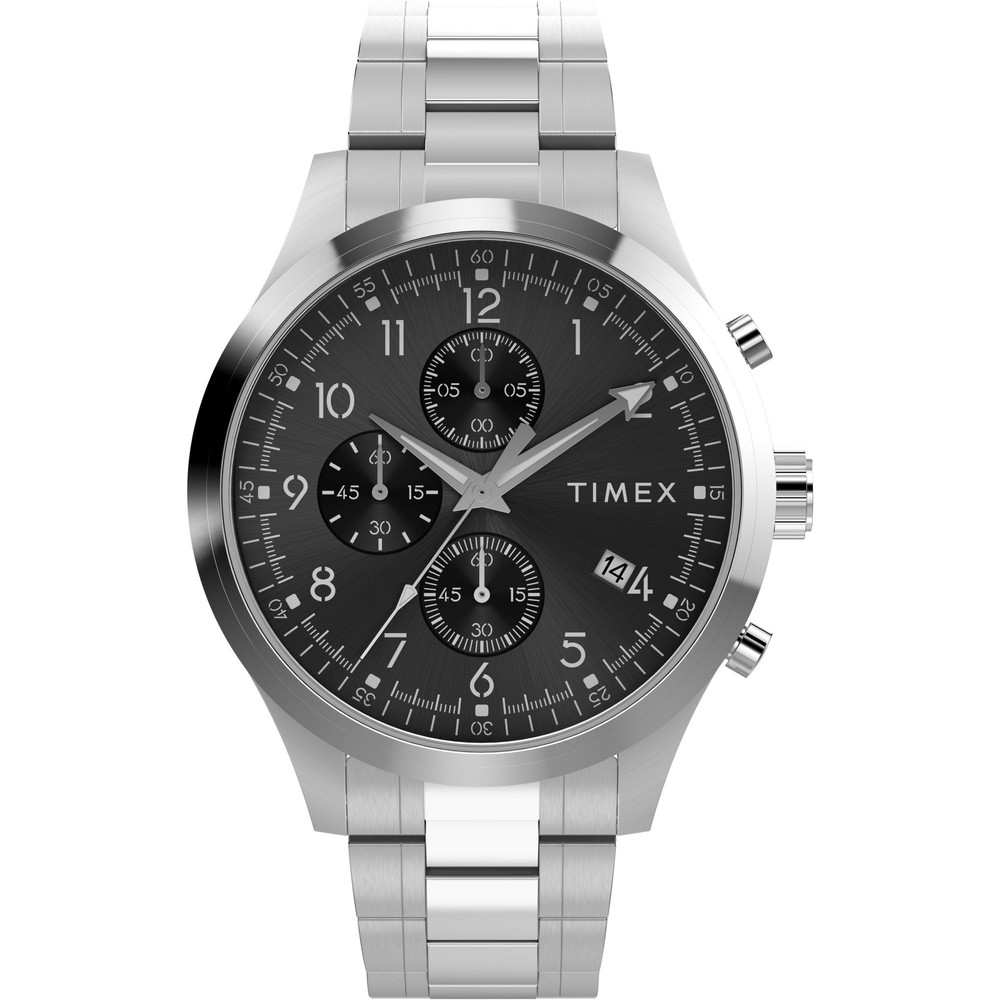 Timexタイメックス メンズ ドレス クロノグラフ 43mm 腕時計 シルバートーン ブレスレット ブラック ダイアル シルバートーン ケース