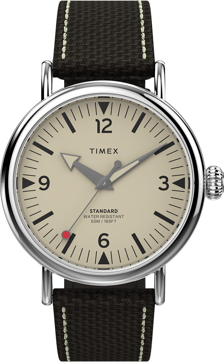 Timex メンズ Standard 40粍 ウオッチ シルバートーンケース 皮膚軟化剤文字盤 赤銅色なめし革\u0026ファブリックストラップ