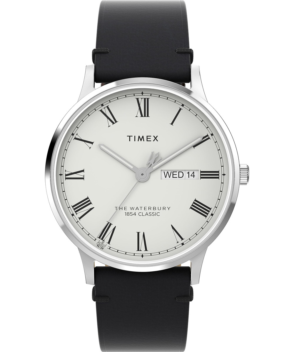 Timex メンズ Waterbury Traditional 40粍 ウオッチ - ブラックストラップ 白いこと文字盤 ステンレススチールケース
