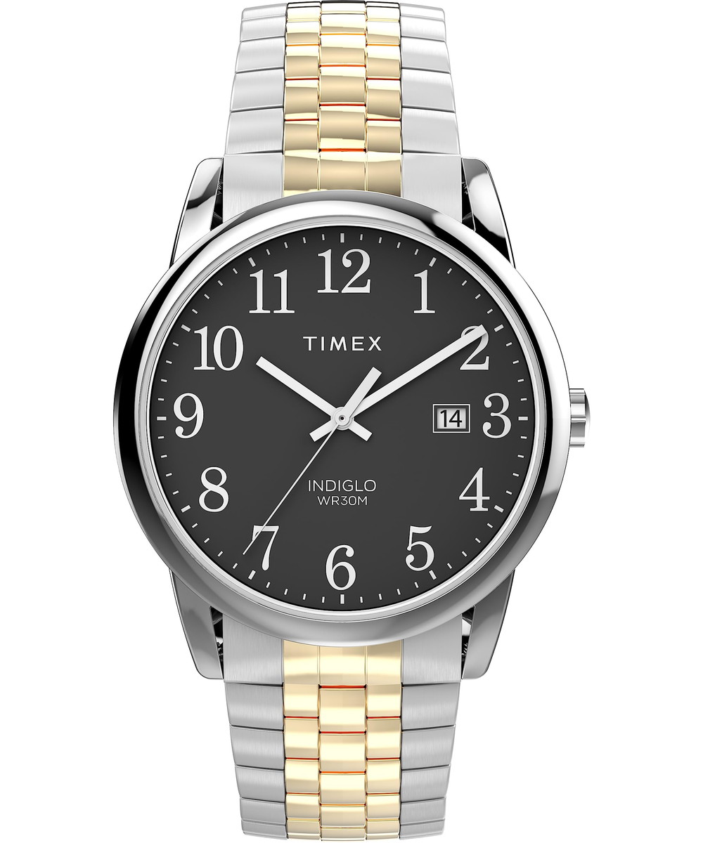 Timex メンズ Easy Reader Classic 38mm 腕時計 ツートーンエクスパンションバンド ブラックダイアル シルバートーンケース｜Basqueバスク