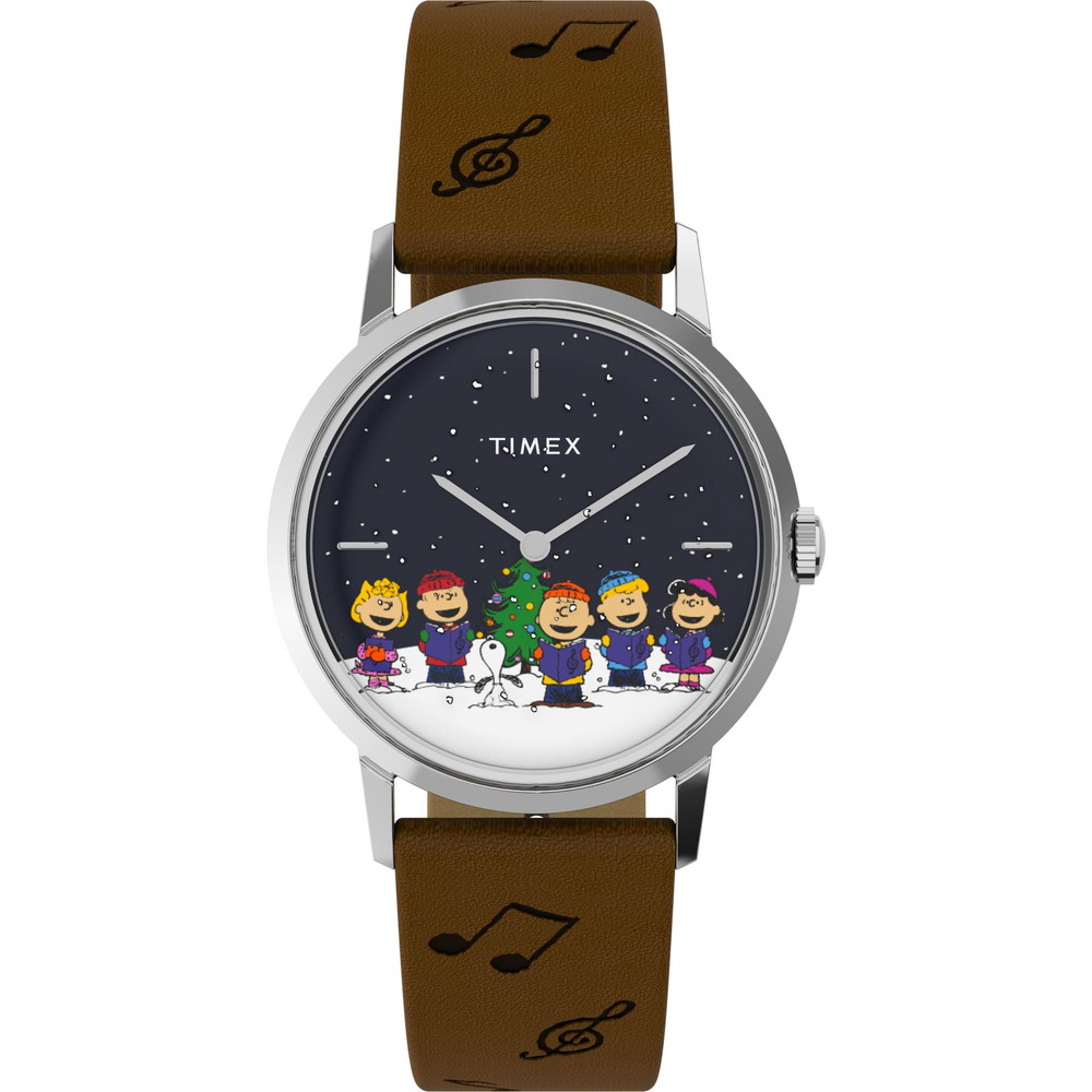 Timex x Peanuts ユニセックス Marlin ハンドワインド "The Gang Singing" 34mm 腕時計 ブラウンストラップ ブルーダイアル ステンレススチールケース｜Basqueバスク