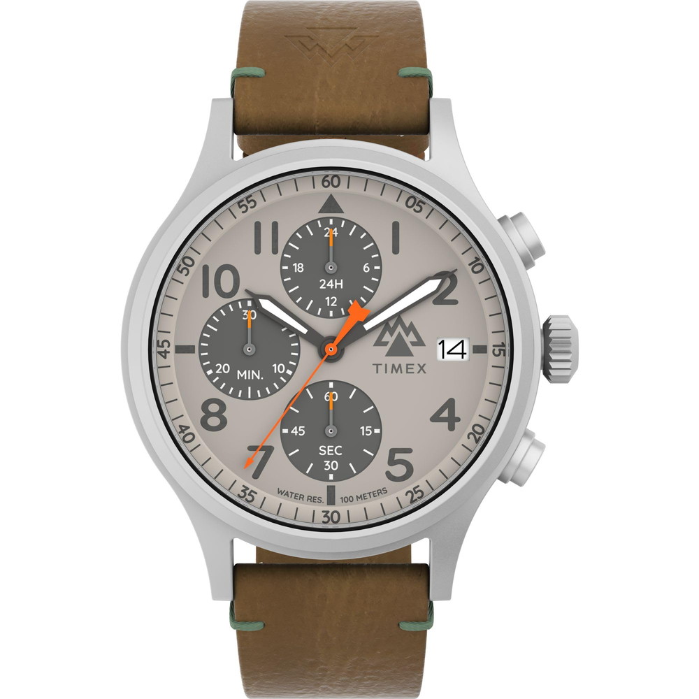 Timex メンズ 探検 シ内鰓 クロノグラフ 42粍 御覧なさる - ブラウンストラップ 薄墨色文字盤 ステンレススチールケース