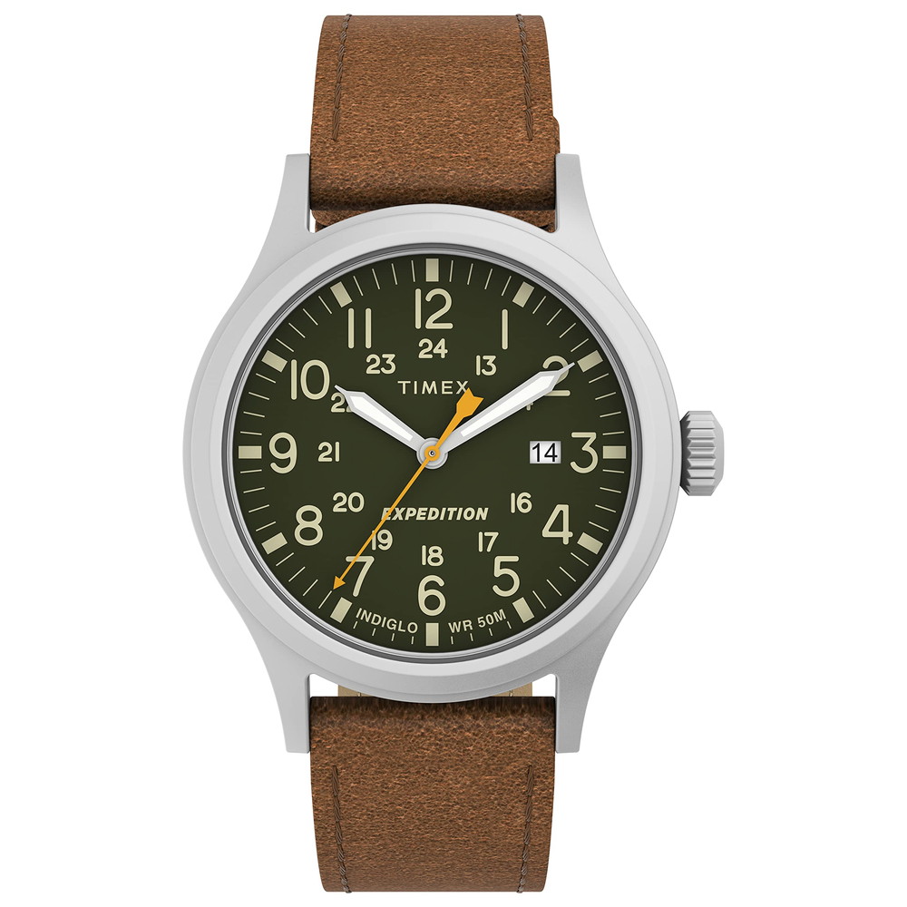 Timex メンズ Expedition Scout 40粍 ウオッチ シルバートーンケース 緑であること文字盤 ブラウンレザーストラップ 腕時計-男女兼用腕時計
