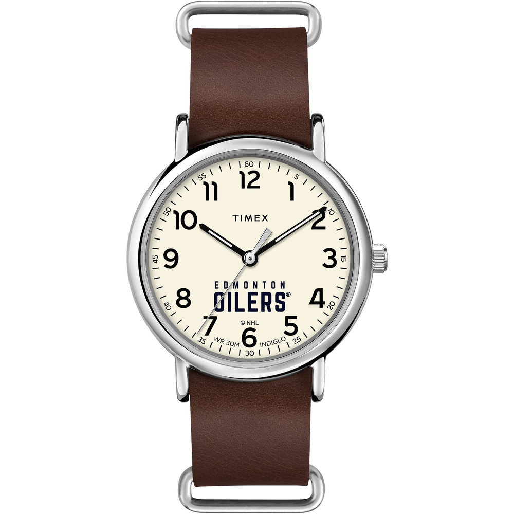Timex Tribute メンズ NHL Weekender 40粍 ウオッチ - Edmonton Oilers 赤銅色本革スリップスルーストラップ