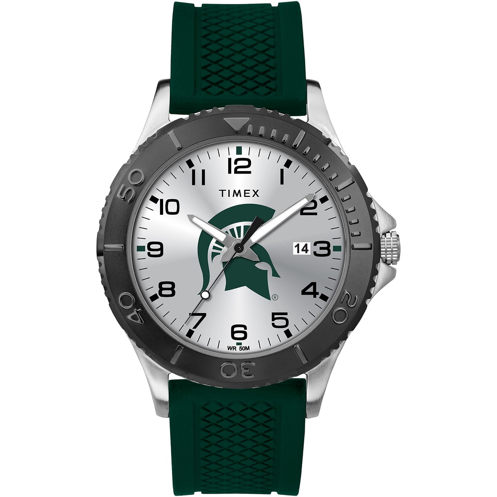 Timex トリビュート メンズ カレッジエイト ゲーマー 42mm ウォッチ - Michigan State Spartans グリーンシリコンストラップ付き
