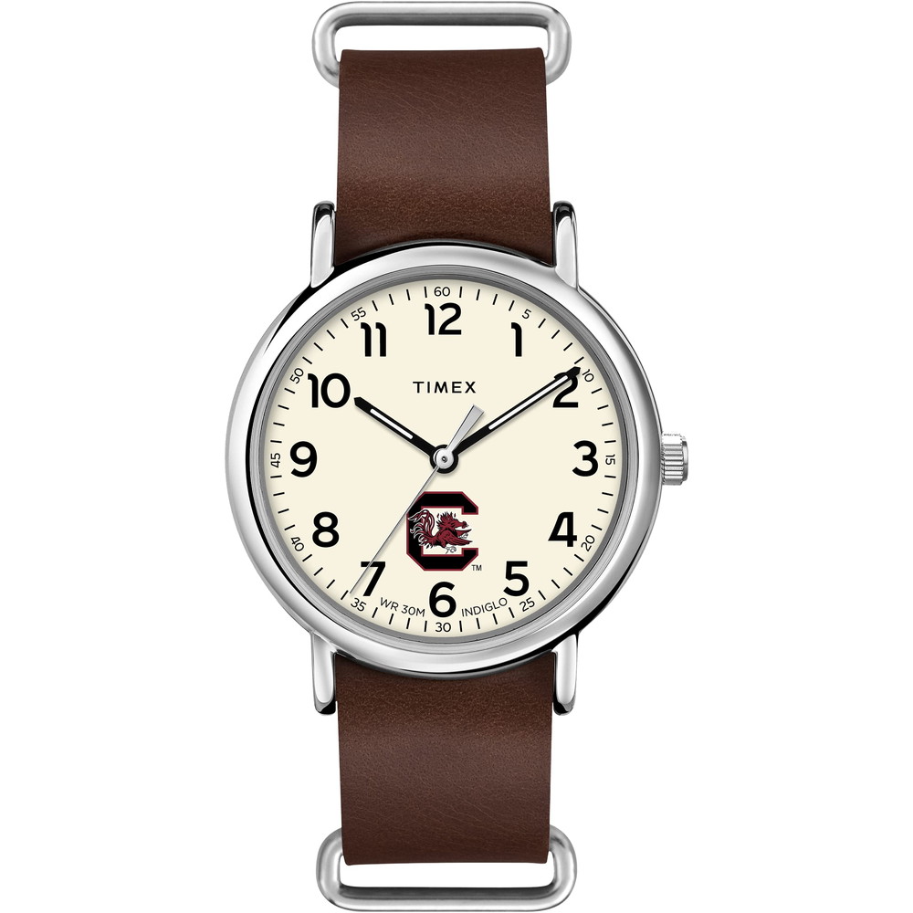 Timex Tribute メンズ Collegiate Weekender 40mm 腕時計 - South Carolina Fighting Gamecocks ブラウン本革スリップスルーストラップ